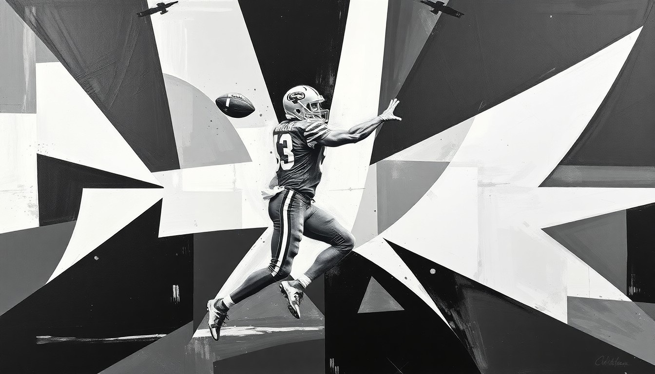 A fragmented, geometric painting depicting a football quarterback in the midst of a drop-back, with sharp, overlapping planes in shades of black, white, and gray, conceptually representing the uncertainty and complexity of the Steelers' quarterback position.