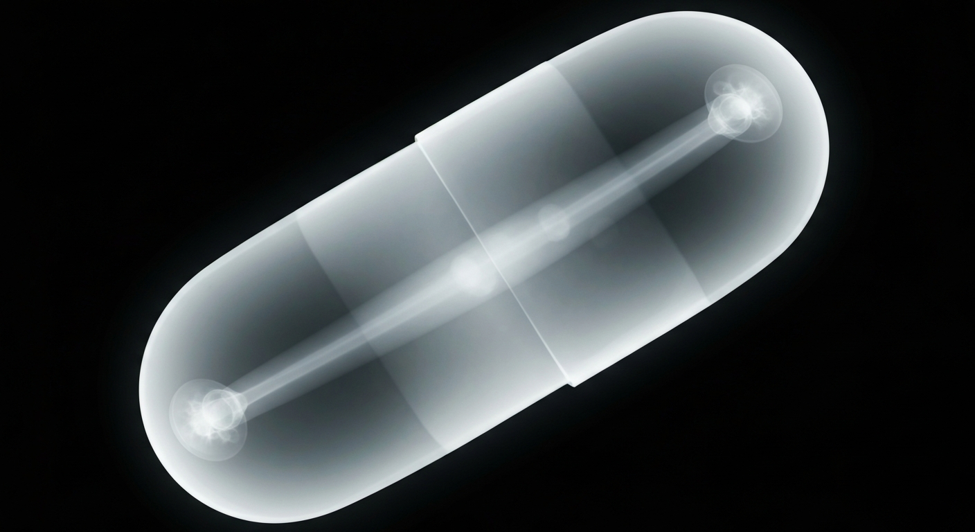 A ghostly, translucent X-ray photograph of an opioid pill or capsule, glowing against a dark background to symbolize the hidden dangers of potent synthetic opioids.