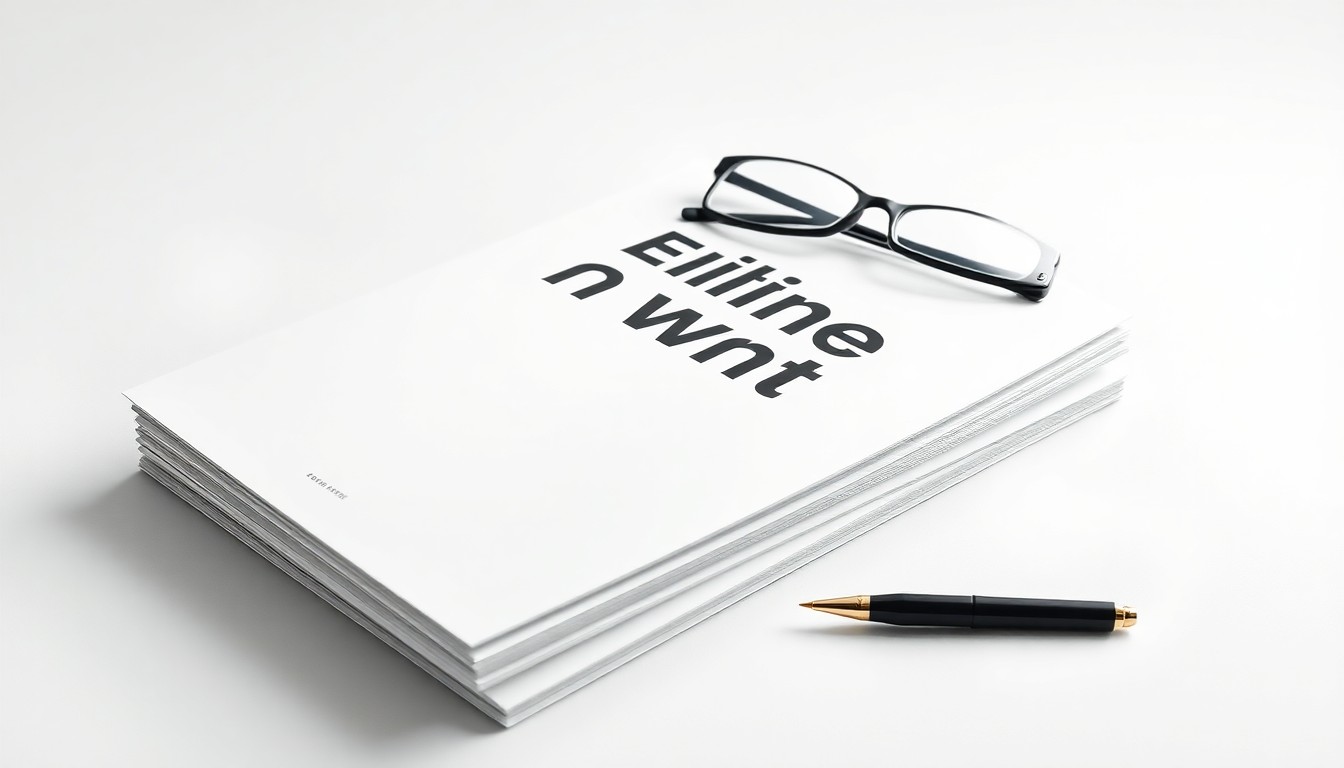 A high-end, photorealistic studio still-life photograph featuring a stack of glossy marketing brochures, a pen, and a pair of eyeglasses arranged elegantly on a clean, white seamless background, conceptually representing the abstract idea of effective marketing language and consumer psychology.