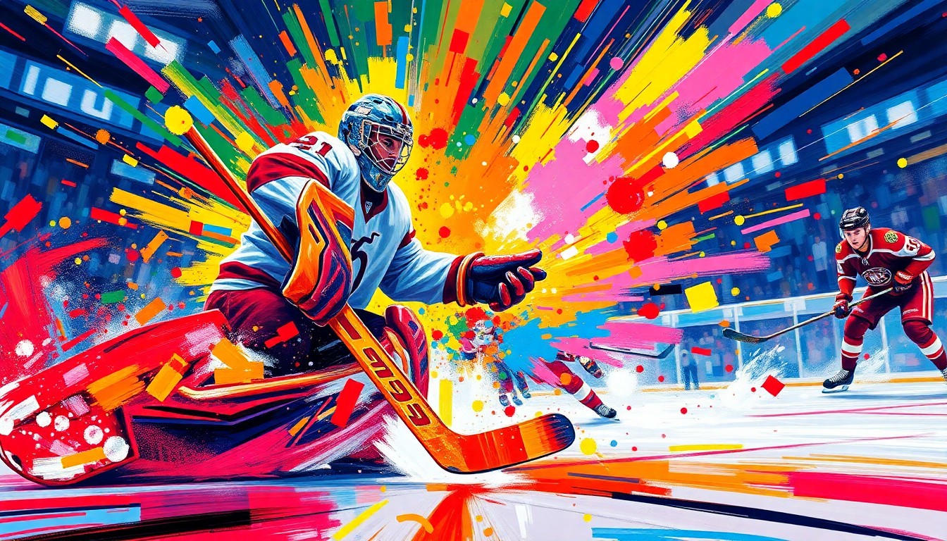 An abstract, expressionist painting featuring vibrant brushstrokes of neon colors that capture the intense energy and movement of a hockey shootout, with the goaltender's form dissolving into a blur of paint.