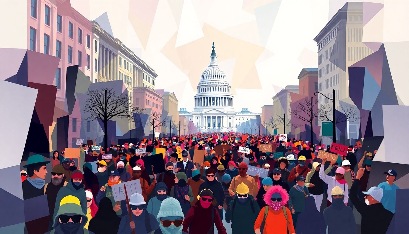 A dynamic, abstract painting depicting a crowd of protesters marching down a city street, with the US Capitol building visible in the background. The protesters' figures are repeated in overlapping, colorful geometric shapes, conveying a sense of energy and movement.