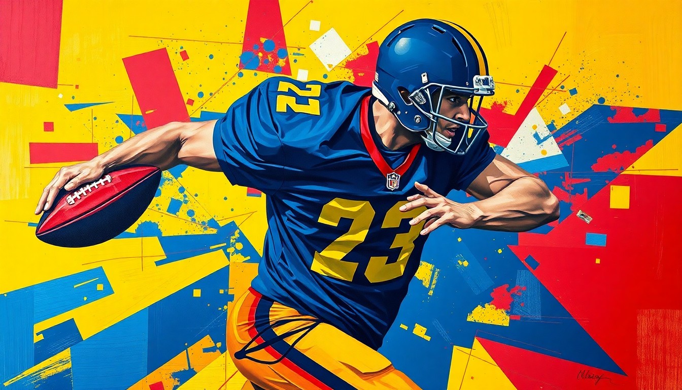 A fragmented, cubist-style painting depicting a football player in motion, with their body broken down into sharp, overlapping geometric shapes in shades of navy, yellow, and red, conveying the dynamic energy of the sport.