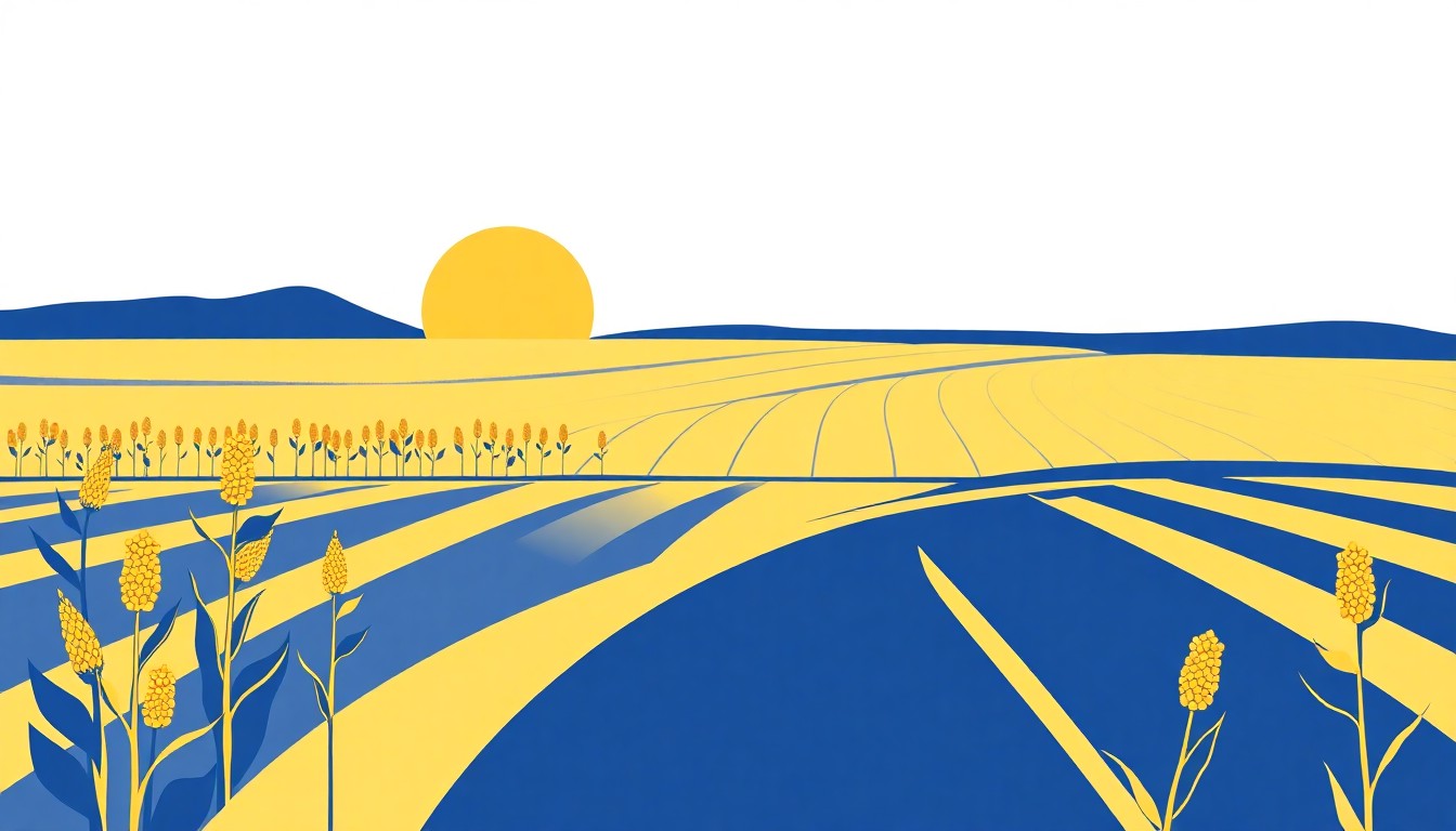 A minimalist illustration composed of overlapping triangles and rectangles in shades of blue, green, and red, conveying the financial pressures facing Midwest soybean farmers through an abstract, geometric visual metaphor.
