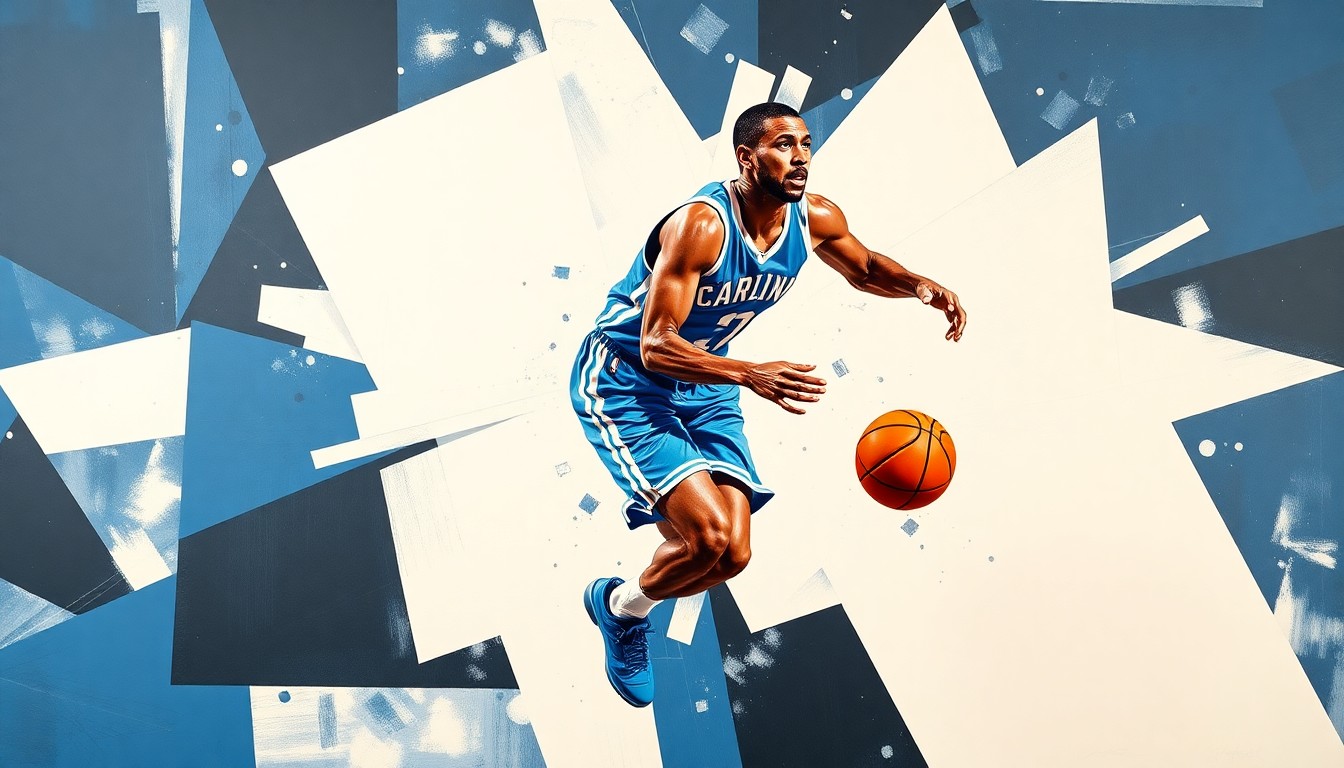 A fragmented, geometric painting depicting the dynamic motion and energy of a basketball player in action, with sharp planes of Carolina blue, white, and black colors.