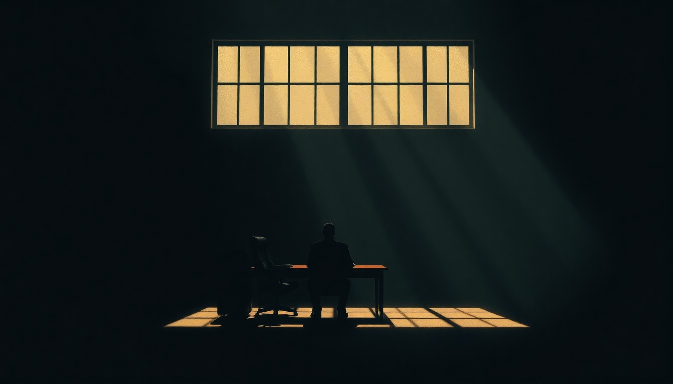 A cinematic, moody painting of a solitary figure sitting alone in a dimly lit government office, the only light coming from a window casting long shadows across the room, conceptually representing the political tensions and asylum claims surrounding the former Brazilian intelligence chief's arrest.