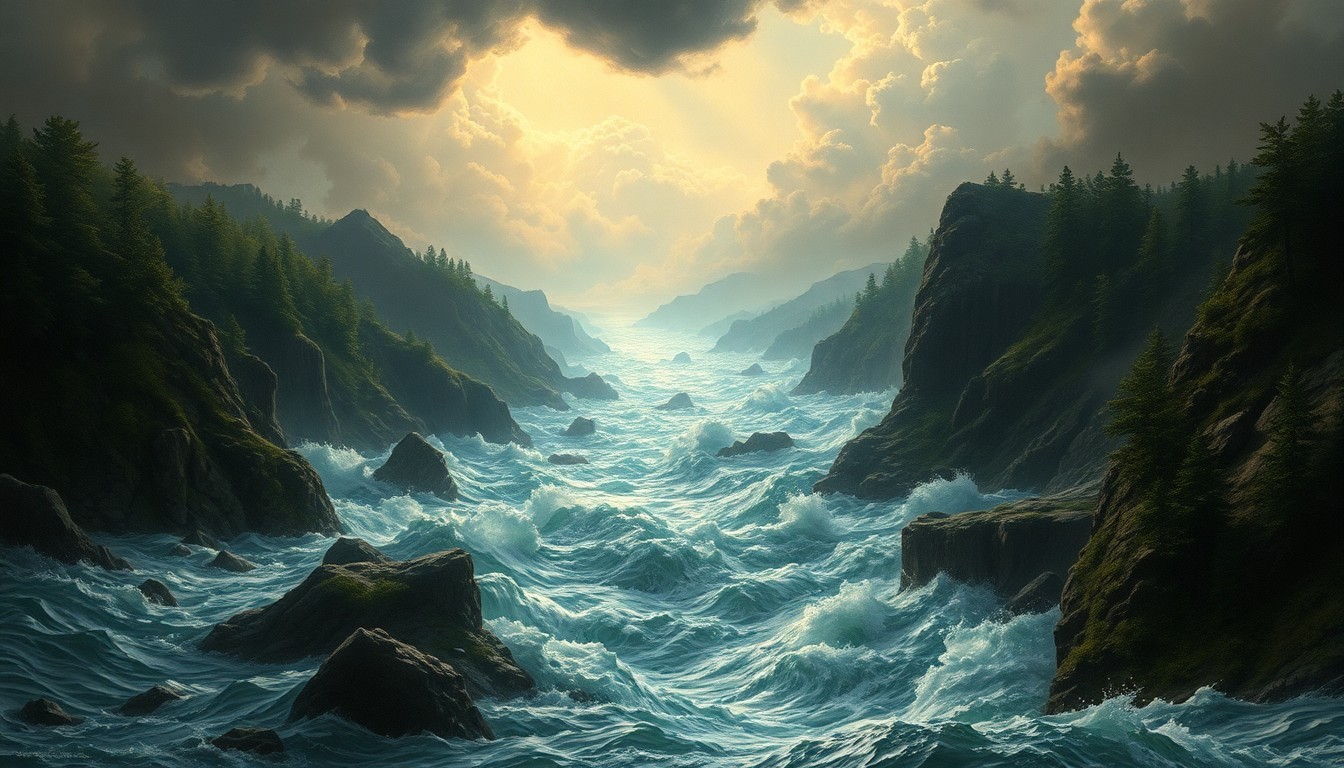 A sweeping landscape painting in muted tones, with a raging river dominating the frame and obscuring any visible structures or human figures, conveying the overwhelming power of the natural disaster.