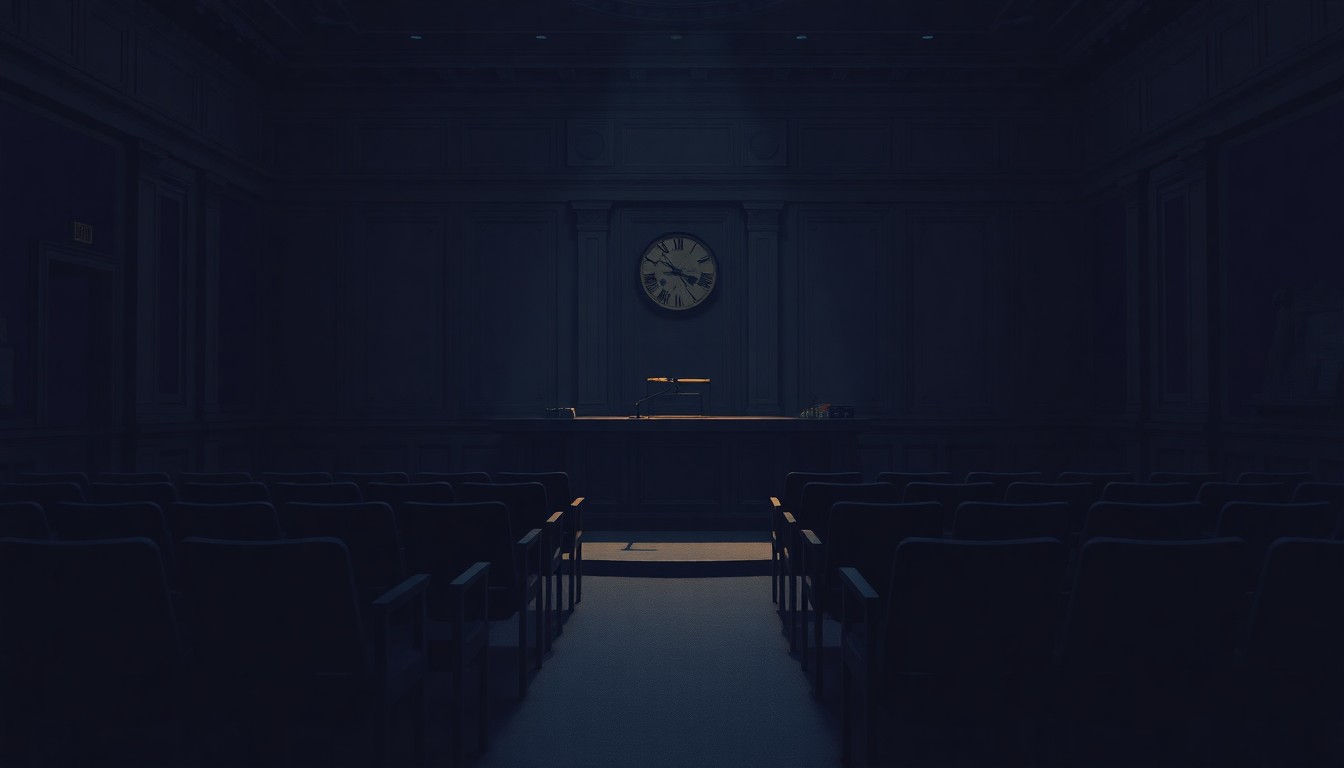 A dimly lit, cinematic painting of an empty city council chamber, with a single desk lamp casting long shadows across the room, conveying a sense of quiet contemplation and civic duty.