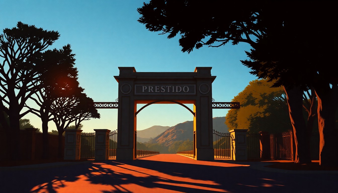 A serene, cinematic painting of the grand Presidio Gate entrance to the Presidio national park in San Francisco, with the iconic archway framed by lush greenery and bathed in warm, golden sunlight and deep shadows, conveying a sense of tranquility and nostalgia.