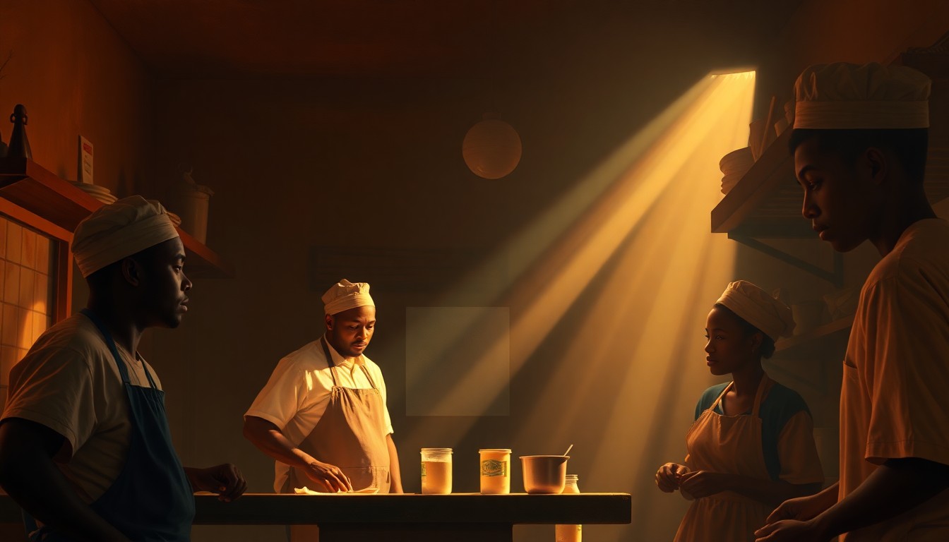 A cinematic painting depicting a group of Haitian restaurant workers in a dimly lit kitchen, with warm sunlight and deep shadows creating a nostalgic, contemplative mood that reflects the vital role these workers play in their local communities.