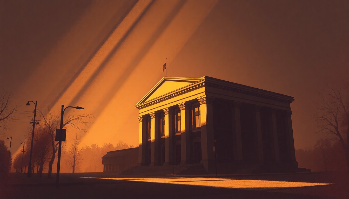 A realistic oil painting of a city hall building in warm, golden light, with deep shadows casting across the facade, conveying a sense of civic duty and public trust.