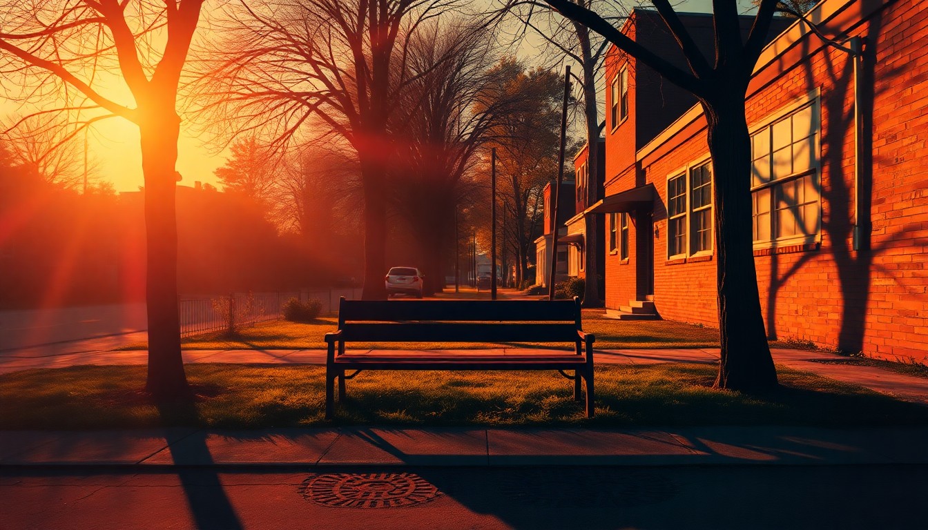 A serene, cinematic painting of an empty park bench in a Memphis neighborhood, with warm sunlight and deep shadows creating a contemplative mood around the solitary urban scene.