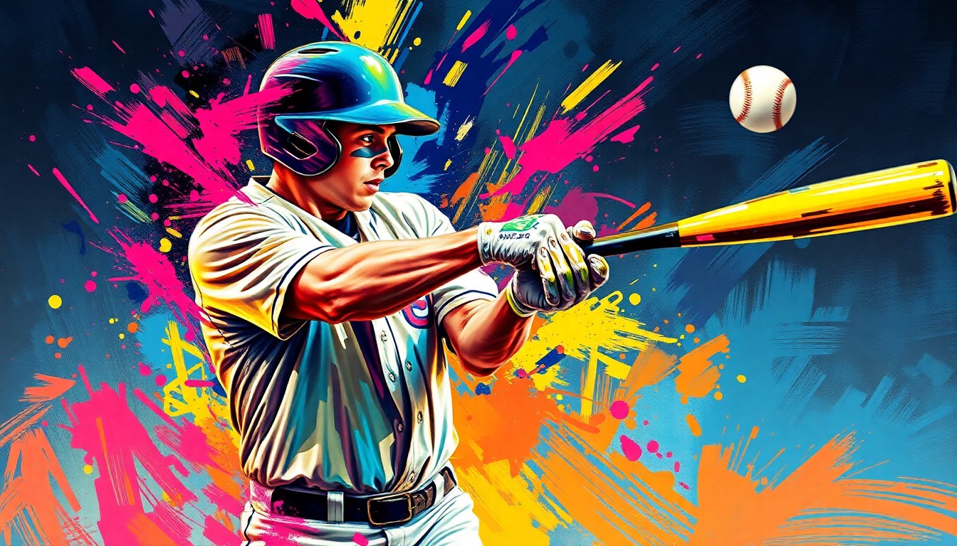 An abstract, expressionist painting in vibrant neon colors depicting the powerful swing and impact of a high school baseball player, the player's form dissolving into energetic brushstrokes.