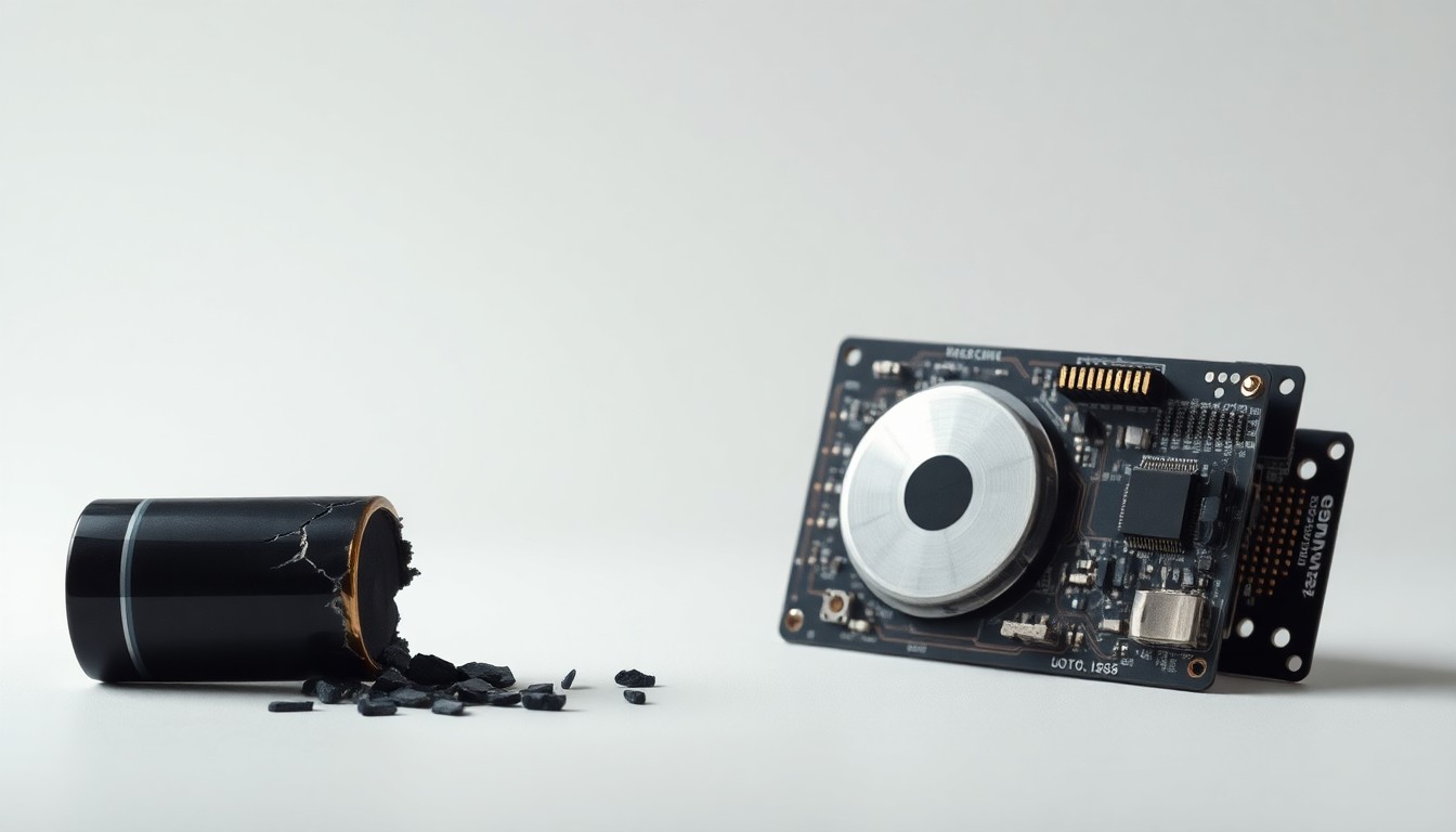 A photorealistic studio still life featuring a shattered battery cell and cracked circuit board, conceptually representing the corporate risks and financial challenges facing Eos Energy Enterprises.