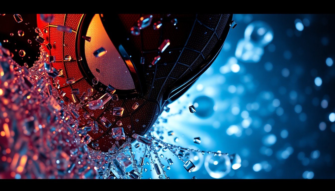 An abstract close-up photograph featuring shards of glittering, reflective glass and sparkling sequins, captured in dramatic high-contrast studio lighting to convey a sense of glamour and high-stakes drama.