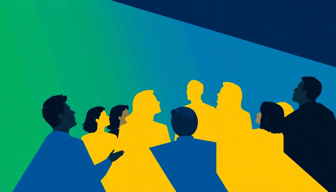 A bold, abstract composition of jagged, overlapping geometric shapes in shades of blue, green, and yellow, conceptually representing the collaborative nature of a choral performance.