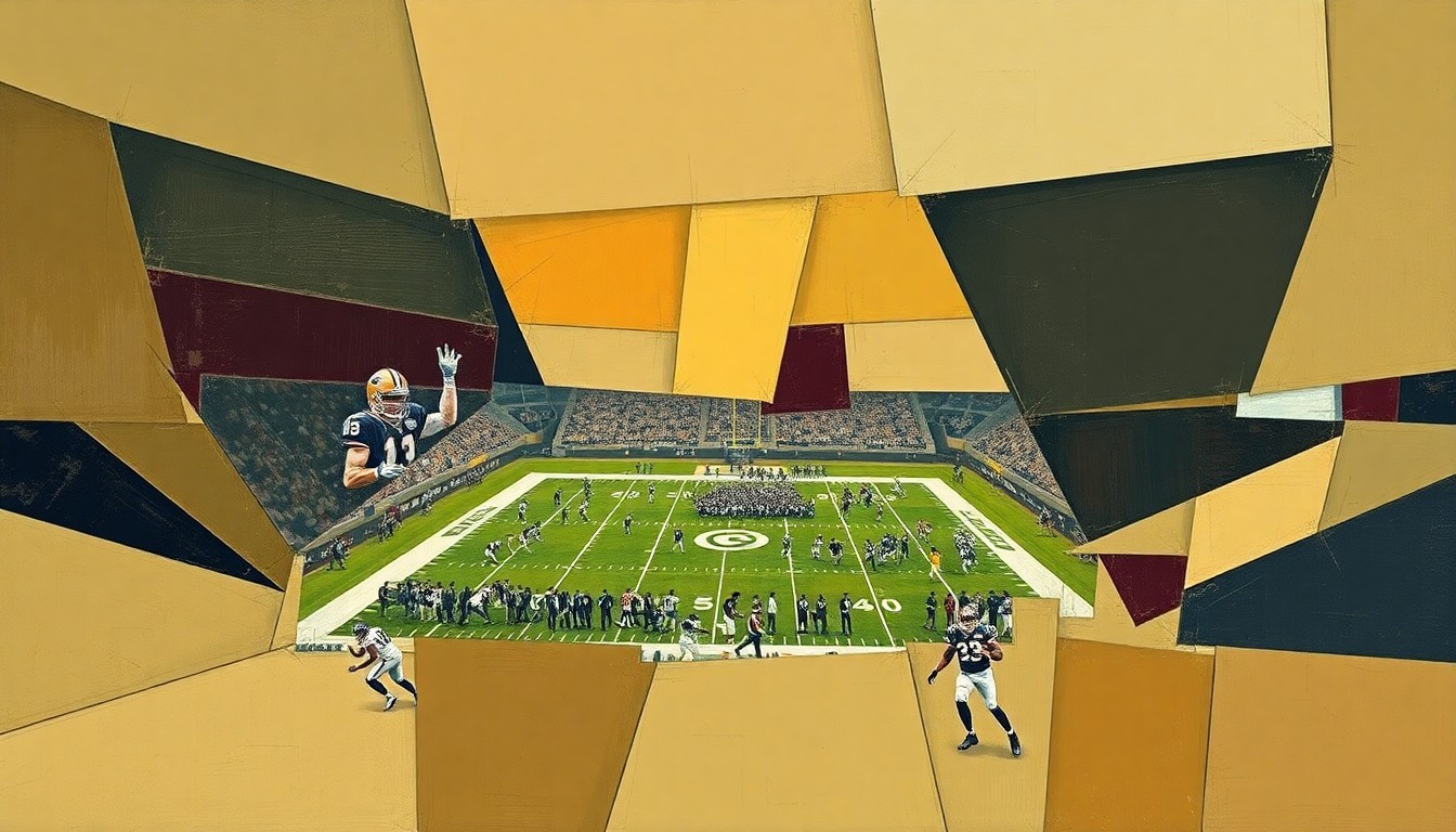 A fragmented, cubist-style painting depicting an abstract football scene or NFL draft stage, with sharp geometric shapes in muted earth tones and pops of burgundy and navy, conveying the complex decision-making process facing the Commanders' front office.
