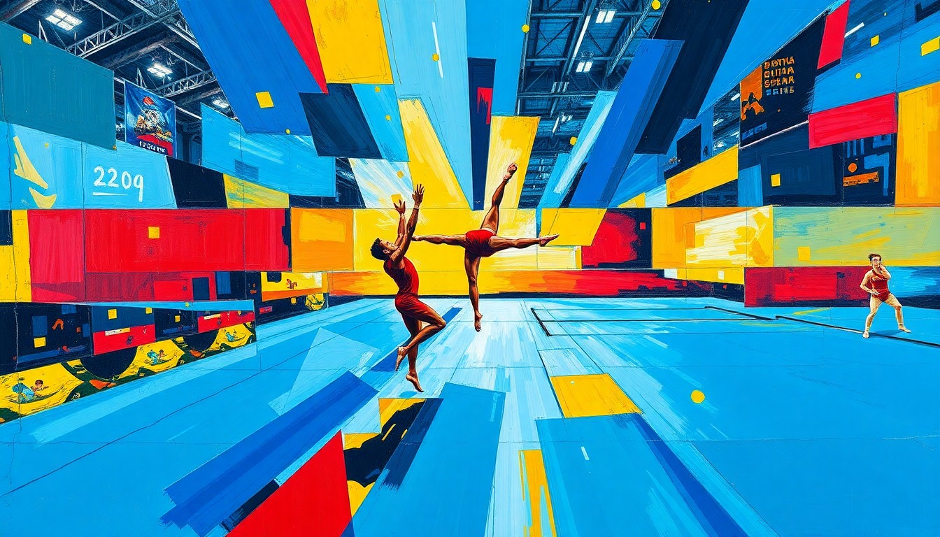 A fractured, multi-perspective painting in bold, geometric shapes and vibrant colors, conceptually representing the dynamic action of a gymnastics competition.