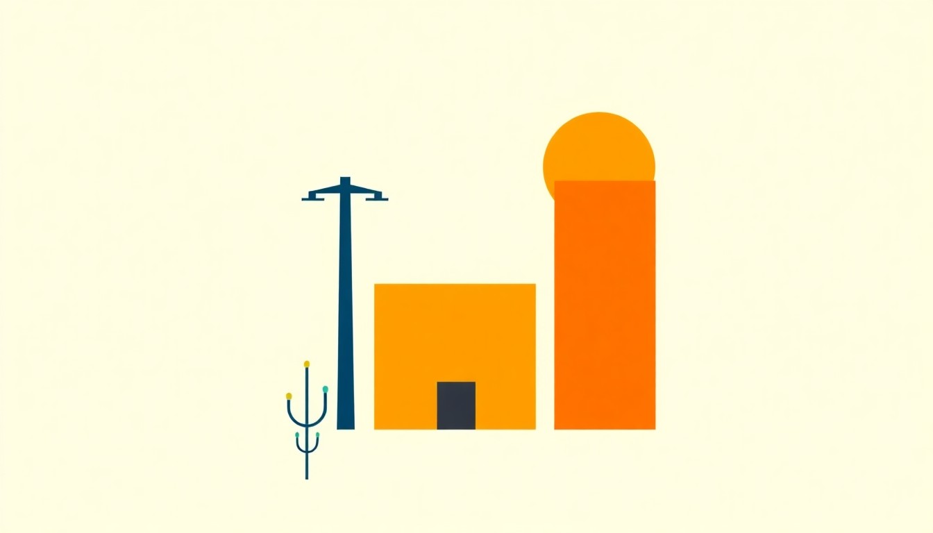 A vibrant abstract illustration composed of overlapping triangles and rectangles in shades of blue, green, and yellow, conceptually representing the collective power of a community electricity program to provide affordable renewable energy.