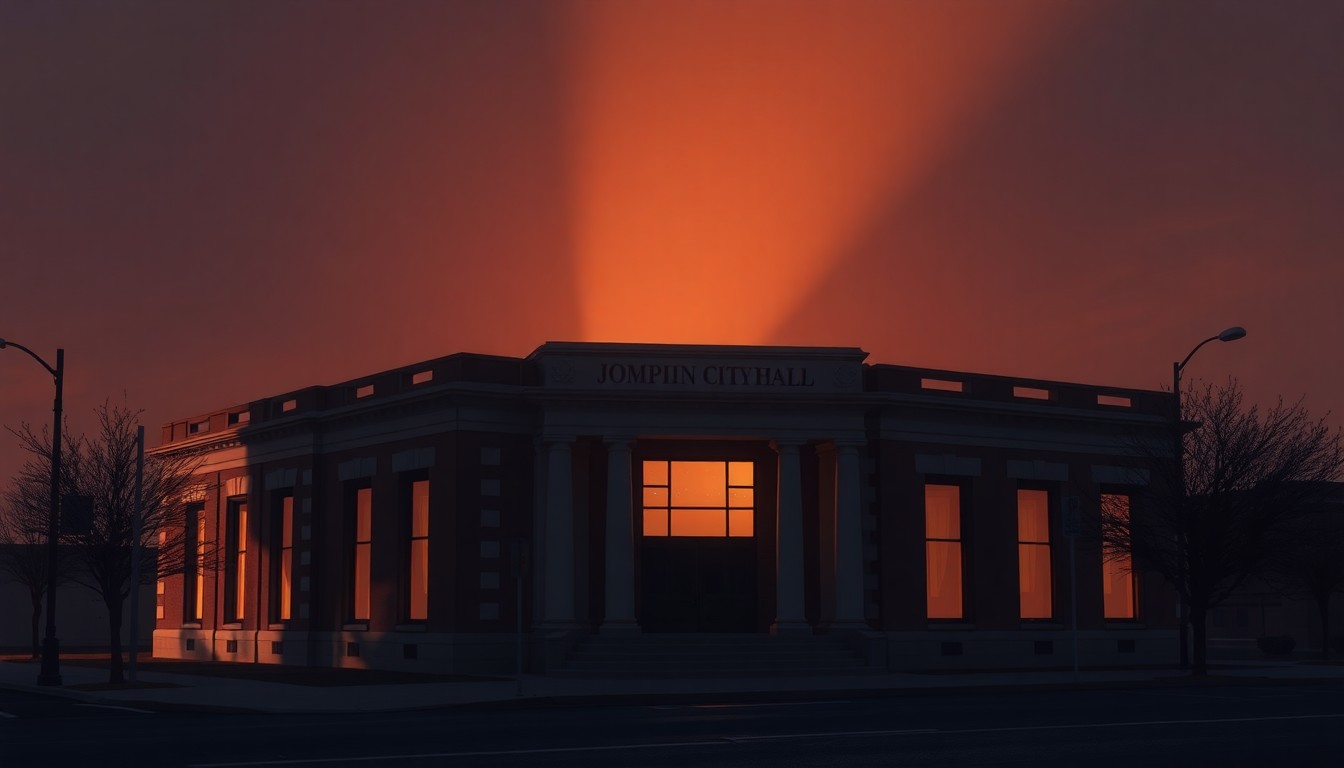 A serene, nostalgic painting of the Joplin City Hall building, its facade illuminated by warm, angled sunlight casting deep shadows across the structure, capturing a sense of civic pride and quiet contemplation.