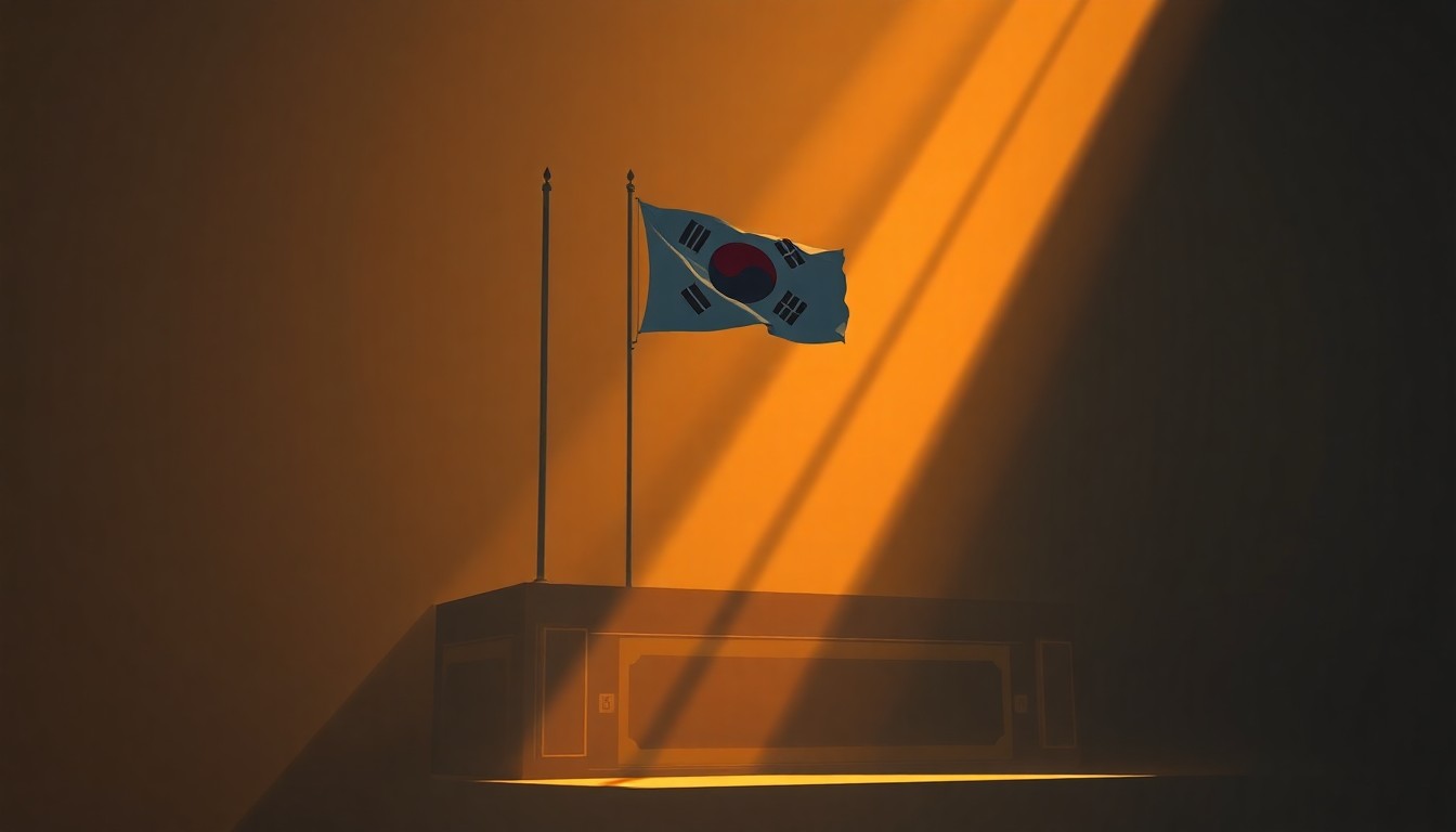 A serene, cinematic painting of a Korean government building or flag, with warm sunlight casting long shadows across the scene, conveying a sense of political transition and diplomacy.