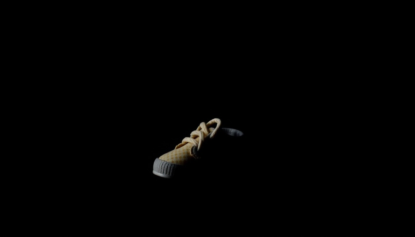 An extreme close-up photograph of a single baby shoe or toy against a pitch-black background, lit by a harsh, direct camera flash, conceptually representing the heartbreak and loss felt by Kaori's family.