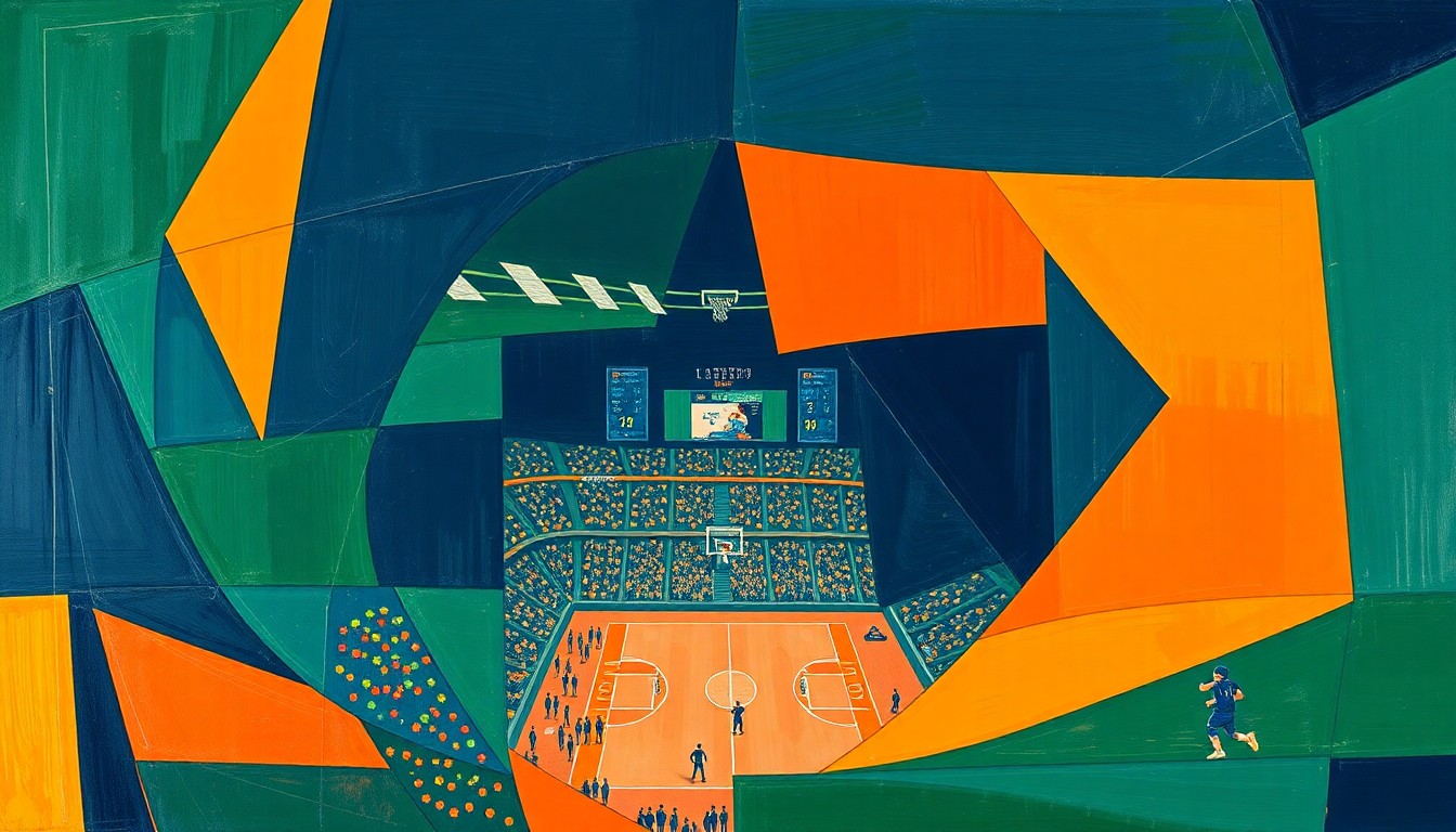A fragmented, geometric painting depicting the conceptual design of a new sports arena, with sharp planes of navy, green, and orange hues creating an abstract, multi-angled composition.