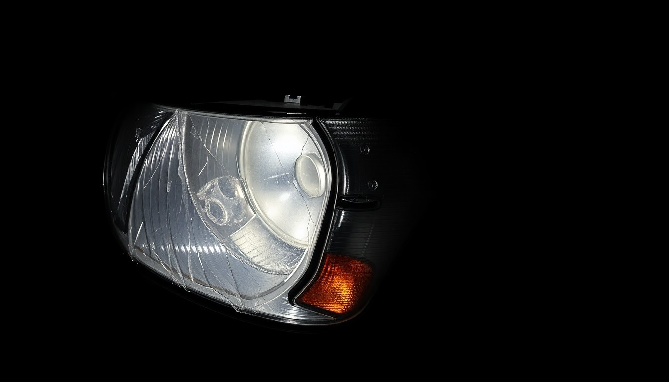 An extreme close-up photograph of a damaged vehicle part, such as a shattered headlight or crumpled fender, lit by a harsh, direct camera flash against a pitch-black background, conceptually illustrating the aftermath of a serious traffic accident.