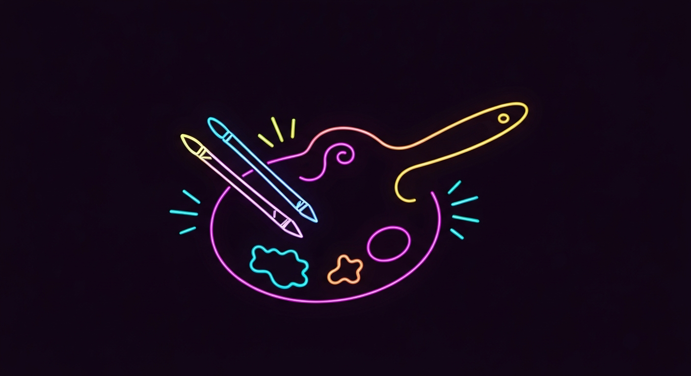 A minimalist illustration featuring a paintbrush and palette defined by glowing neon lines against a dark background, conceptually representing the artistic process as a means of managing Parkinson's disease.