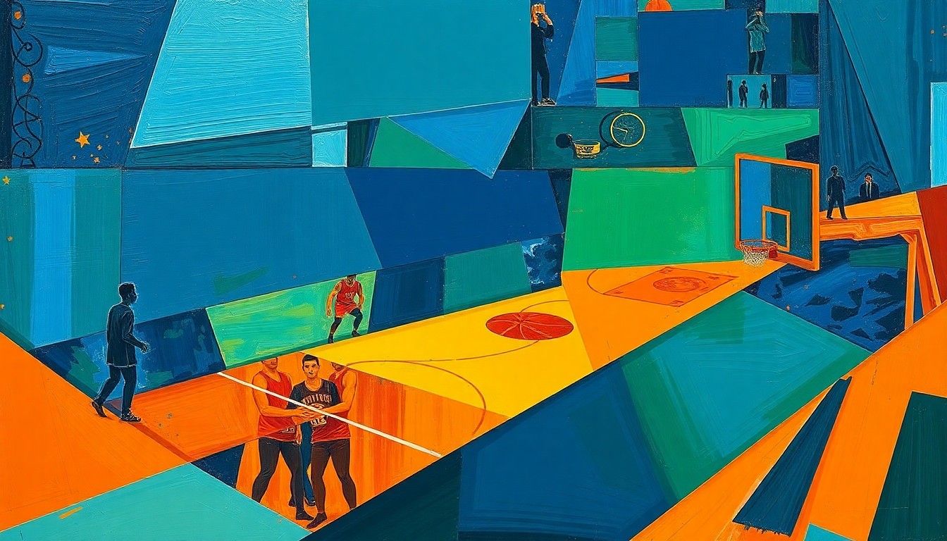 A fractured, multi-perspective painting featuring sharp, overlapping geometric planes in navy blue, forest green, and burnt orange, conceptually representing the dynamic action and energy of a basketball game.