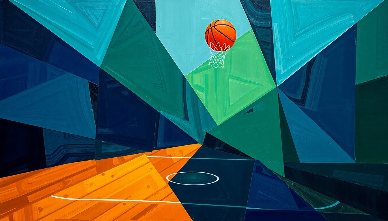 A cubist, geometric painting depicting a fragmented basketball game or match, with sharp, overlapping planes of navy, green, and orange, conveying the complex and multifaceted nature of evaluating talent from lesser-known college programs.