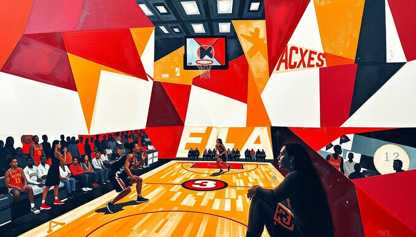 A cubist, geometric painting depicting a WNBA basketball game in motion, with the players and ball broken down into sharp, overlapping planes of red, white, and black, conveying the fast-paced, high-energy nature of the sport.
