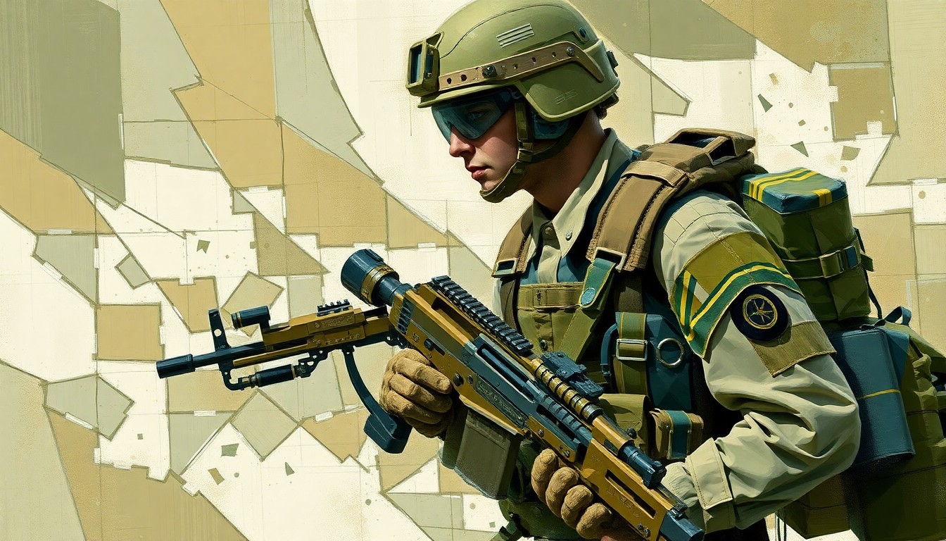 A dynamic, fragmented painting of military uniform elements in olive, khaki, and blue hues, conveying the motion and energy of military service through an avant-garde, cubist-inspired style.