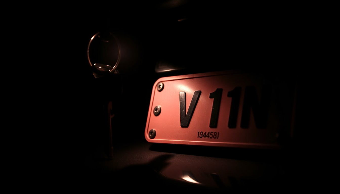 An extreme close-up photograph of a car key and VIN number plate against a pitch-black background, conceptually illustrating the investigative nature of an auto loan fraud case.