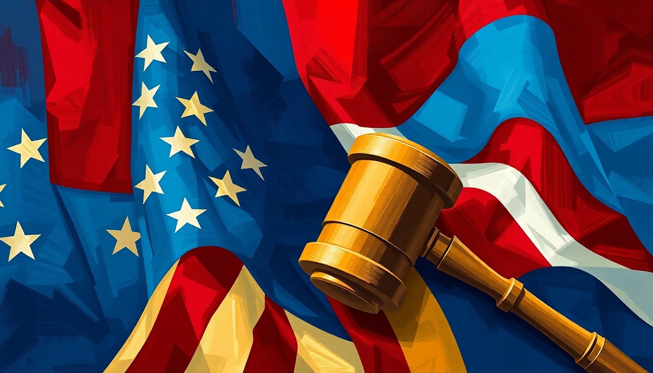 A vibrant, abstract painting featuring overlapping geometric shapes and brushstrokes in shades of blue, red, and gold, conceptually representing the turbulent political climate surrounding Donalds' proposals.