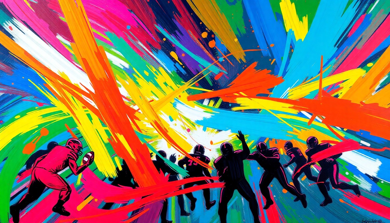 An abstract, expressionist painting in vibrant neon colors, featuring bold, swirling shapes and textures that capture the high-stakes competition and financial forces of college football recruiting.