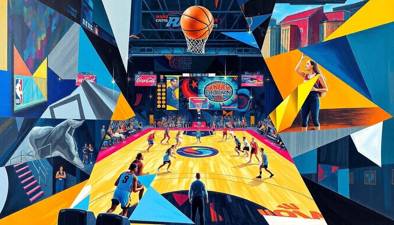 A cubist, geometric painting depicting an abstract WNBA basketball game, with sharp, overlapping shapes in the team colors of the Atlanta Dream and Las Vegas Aces, conveying the energy and intensity of the upcoming matchup.