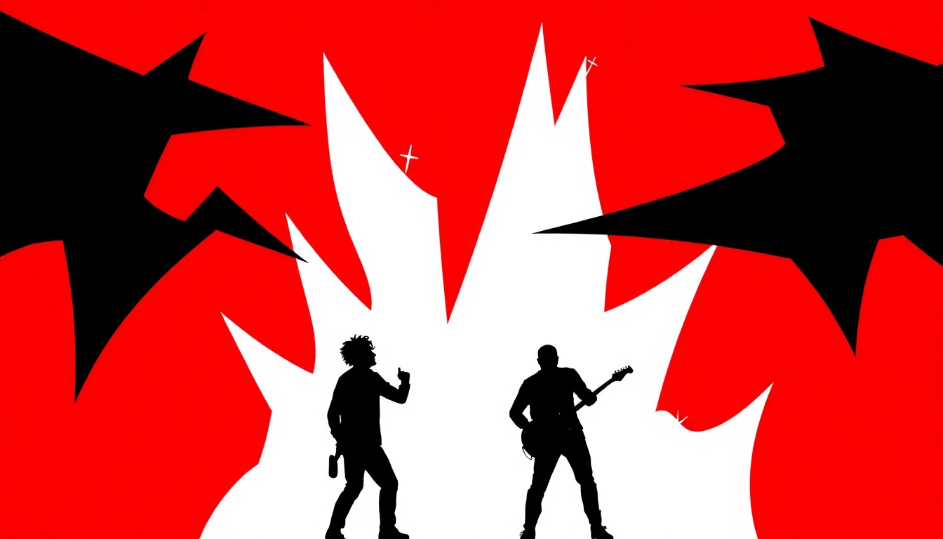 An abstract, minimalist illustration featuring stark black silhouettes of various angular, geometric shapes against a high-contrast red and white background, conceptually representing the intense energy and experimental nature of a live music event.