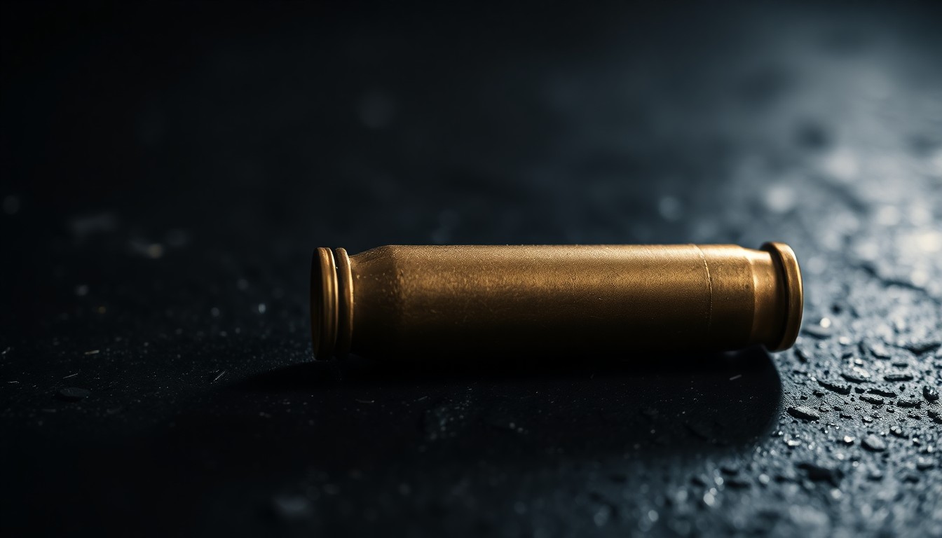 An extreme close-up photograph of a spent shell casing on a dark, textured surface, lit by a harsh camera flash, conceptually representing the new gunshot detection technology being implemented by the Rock Island Police Department.