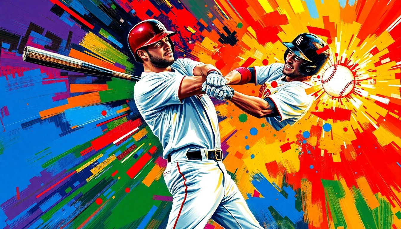 An abstract, energetic painting depicting the explosive moment of a baseball leaving the bat, with vibrant brushstrokes and neon colors capturing the dynamic motion and power of the swing.