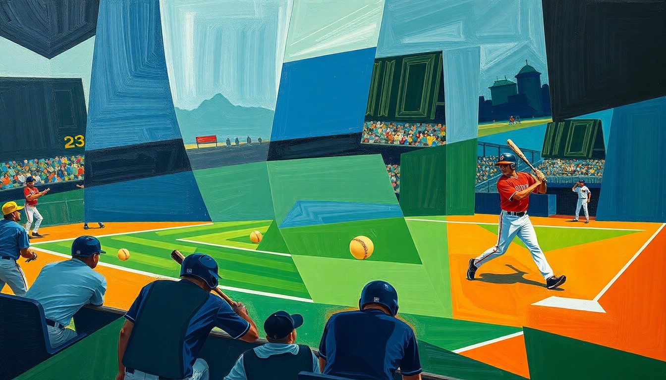 A cubist, fragmented painting depicting various baseball players, bats, and balls in a high-energy, geometric style, capturing the dynamic action of a high school baseball game.