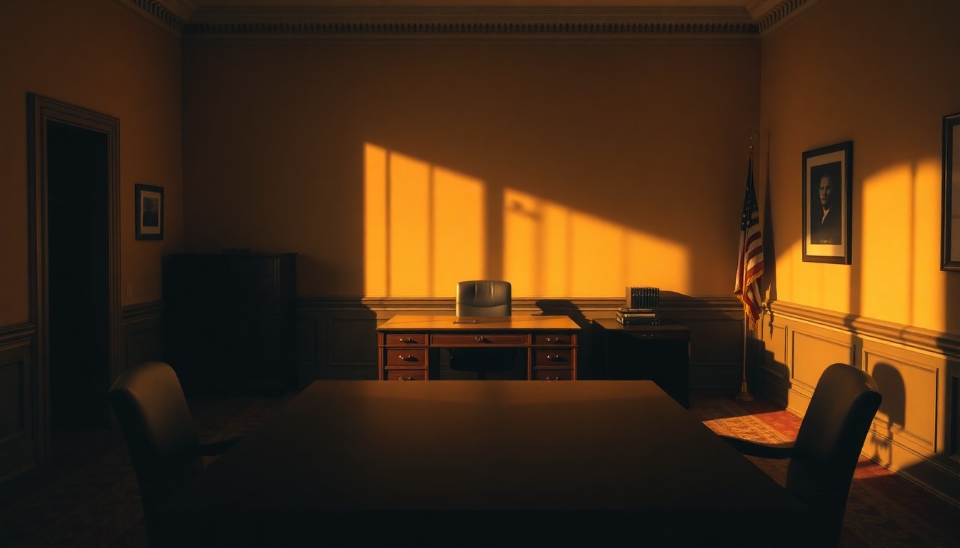 A quiet, cinematic painting of an empty congressional office desk, bathed in warm, diagonal sunlight and deep shadows, conveying a sense of melancholy and the weight of political scandal.