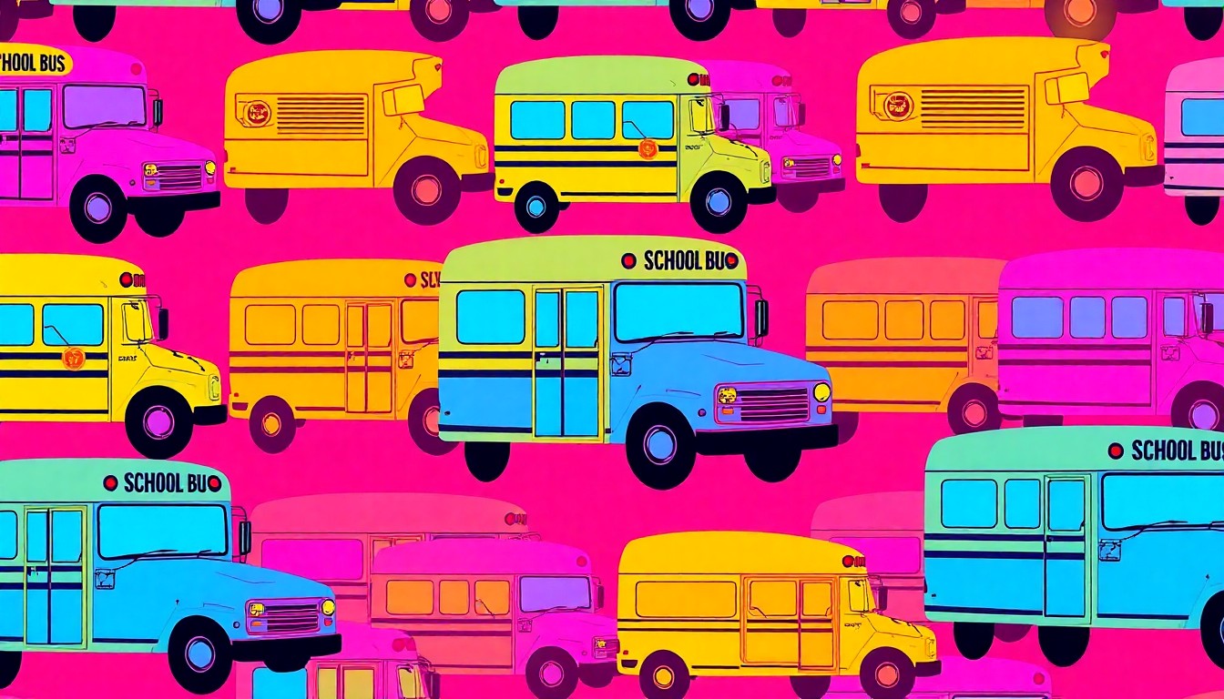 A bold, colorful silkscreen-style illustration of a school bus icon repeated in a grid pattern, capturing the disruption and impact of the LAUSD strike on the community.