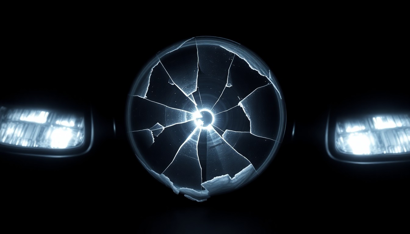 An extreme close-up photograph of a damaged car sensor or camera lens, lit by a harsh, direct camera flash against a pitch-black background, conceptually representing the vandalism of autonomous vehicle technology.