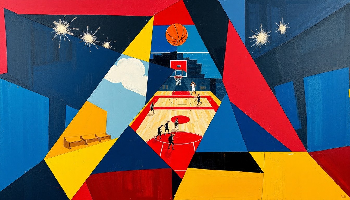 A cubist-style painting featuring fragmented, overlapping geometric shapes in shades of blue, red, and yellow, conceptually representing the complex challenge of rebuilding a struggling NBA team into a title contender.