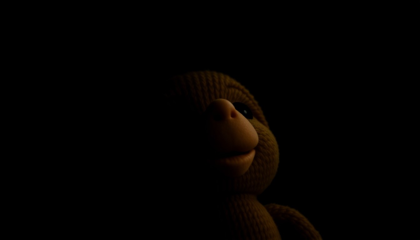 An extreme close-up photograph of a child's stuffed animal, its fabric and features dramatically lit by a harsh, direct camera flash against a pitch-black background, conveying a stark, gritty, and investigative aesthetic.