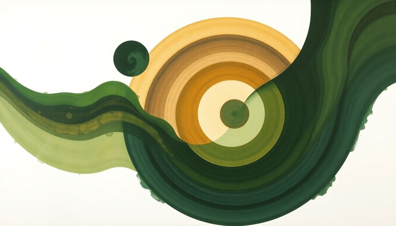 A highly structured abstract painting in muted earth tones, featuring sweeping geometric arcs, concentric circles, and precise botanical spirals, conveying the intricate scientific forces and potential risks of carbon capture and storage technology.