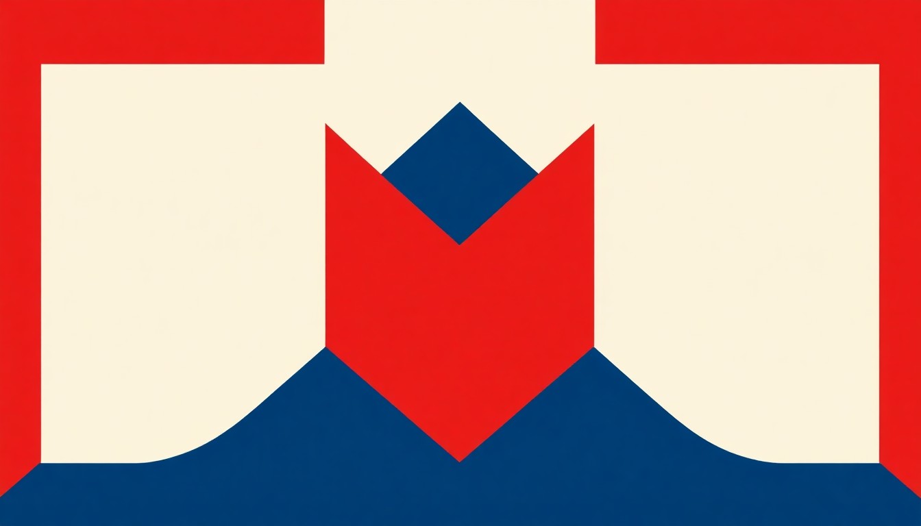 A minimalist composition of overlapping triangles in shades of red and blue, conveying the concept of stagflation through bold, abstract shapes and colors without any text or literal imagery.
