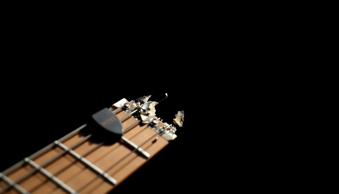 An extreme close-up photograph of a shattered, twisted electric guitar string against a dark, moody background, conveying the emotional impact of the loss of a musical pioneer.