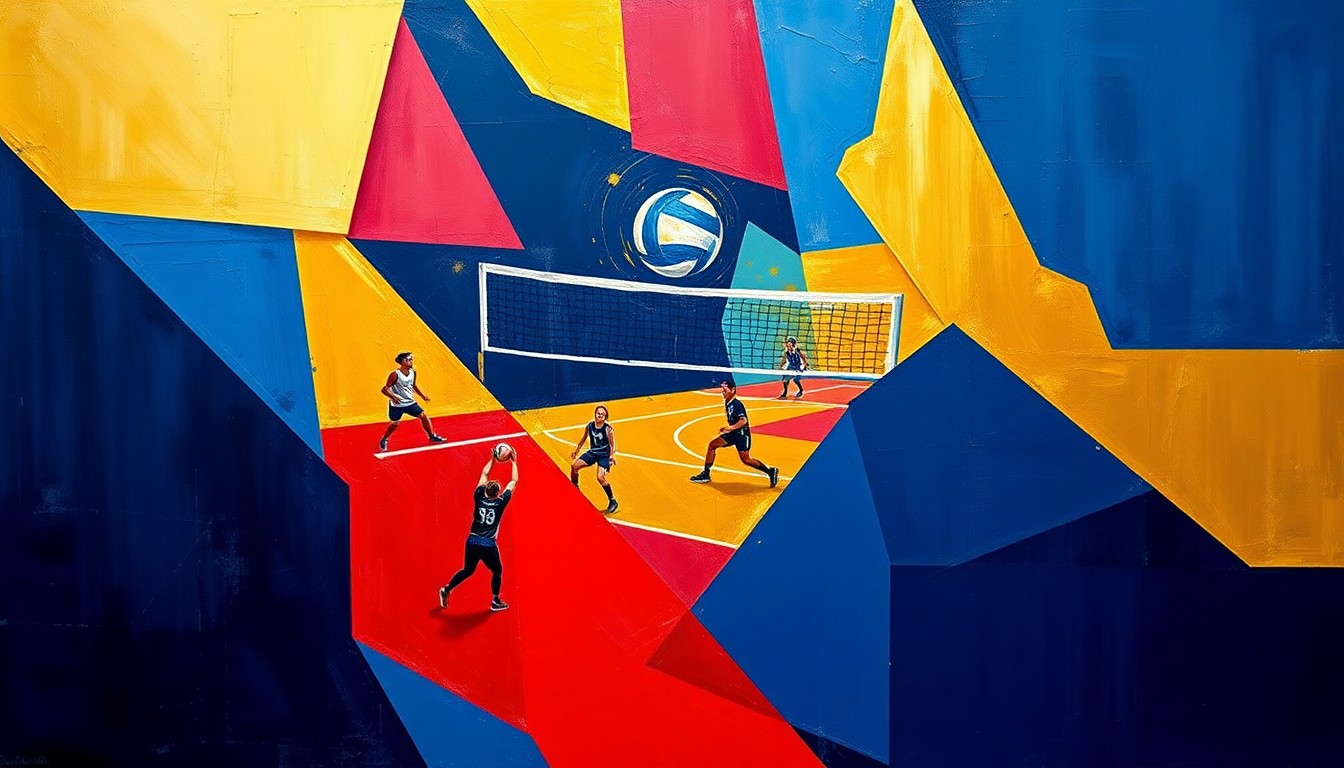 A fractured, cubist-style painting depicting the dynamic movements and energy of a volleyball match, with sharp geometric shapes and planes in a bold color scheme representing the competitive spirit of the sport.