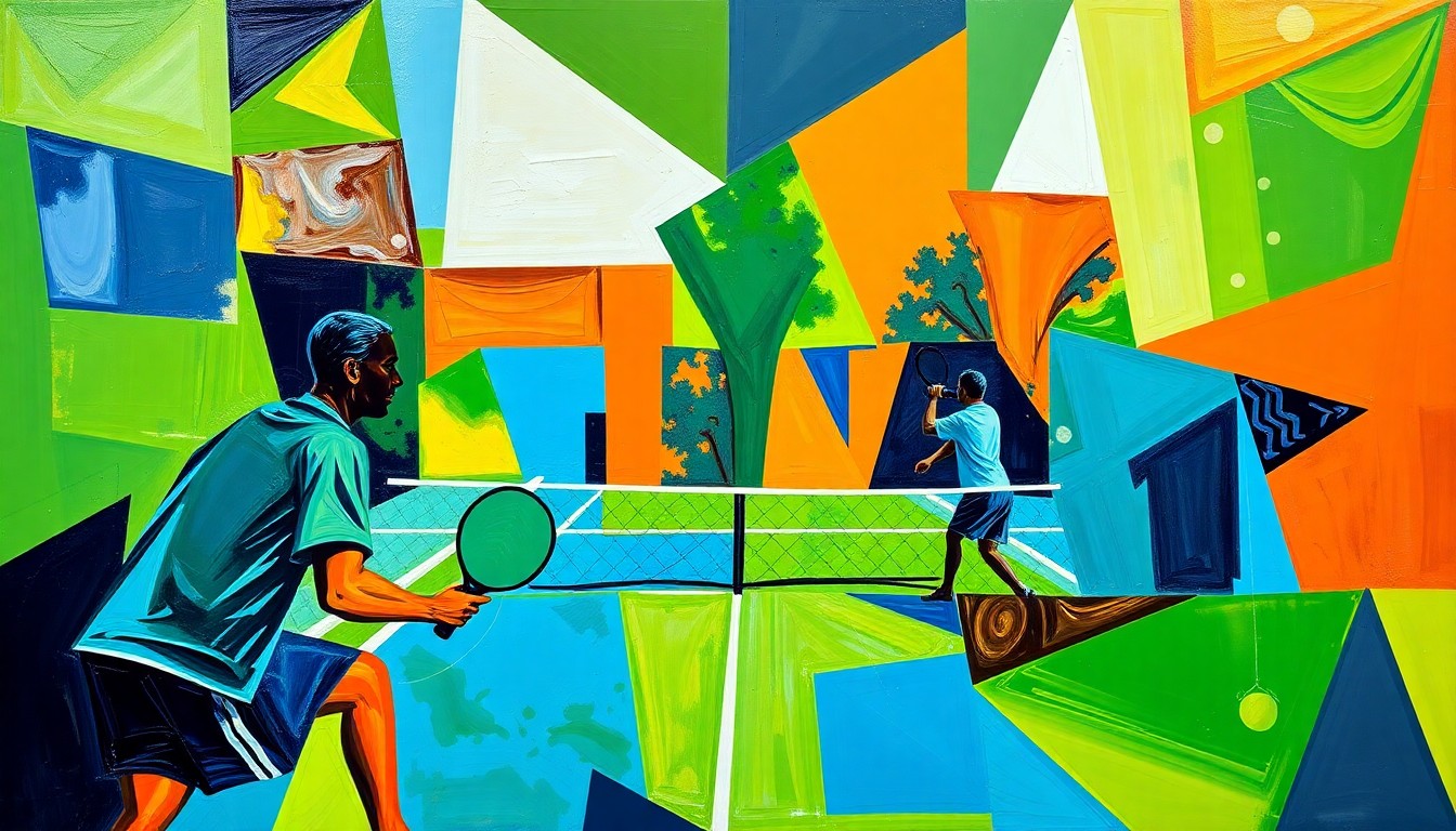 A cubist, geometric painting depicting a pickleball game broken down into overlapping planes of bright green, blue, and orange shapes, conceptually representing the expansion of courts at the Tempe Sports Complex.